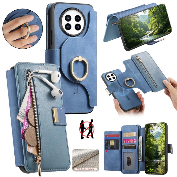 Ring Zipper Wallet RFID Blocking MagSafe Leather Phone Case, For Realme 16 Pro+ 5G, For Realme 16 Pro 5G, For Realme 15T 5G, For Realme GT 7 Pro 5G, For Realme 13 4G / 12 4G / 12+ / P1 5G, For Realme 13 Pro / 12 Pro / P1 Pro 5G