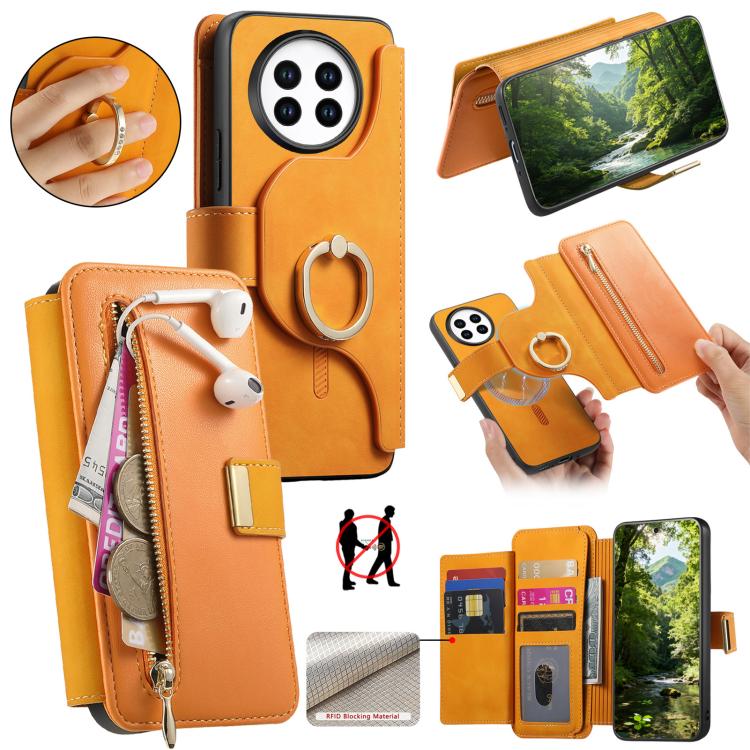 Ring Zipper Wallet RFID Blocking MagSafe Leather Phone Case, For Realme 16 Pro+ 5G, For Realme 16 Pro 5G, For Realme 15T 5G, For Realme GT 7 Pro 5G, For Realme 13 4G / 12 4G / 12+ / P1 5G, For Realme 13 Pro / 12 Pro / P1 Pro 5G