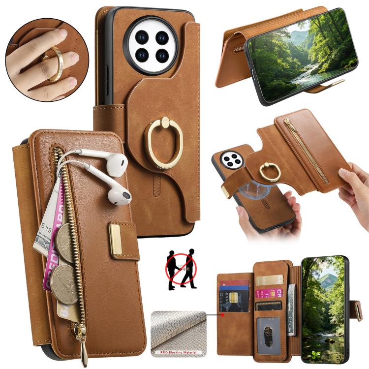 Ring Zipper Wallet RFID Blocking MagSafe Leather Phone Case, For Realme 16 Pro+ 5G, For Realme 16 Pro 5G, For Realme 15T 5G, For Realme GT 7 Pro 5G, For Realme 13 4G / 12 4G / 12+ / P1 5G, For Realme 13 Pro / 12 Pro / P1 Pro 5G