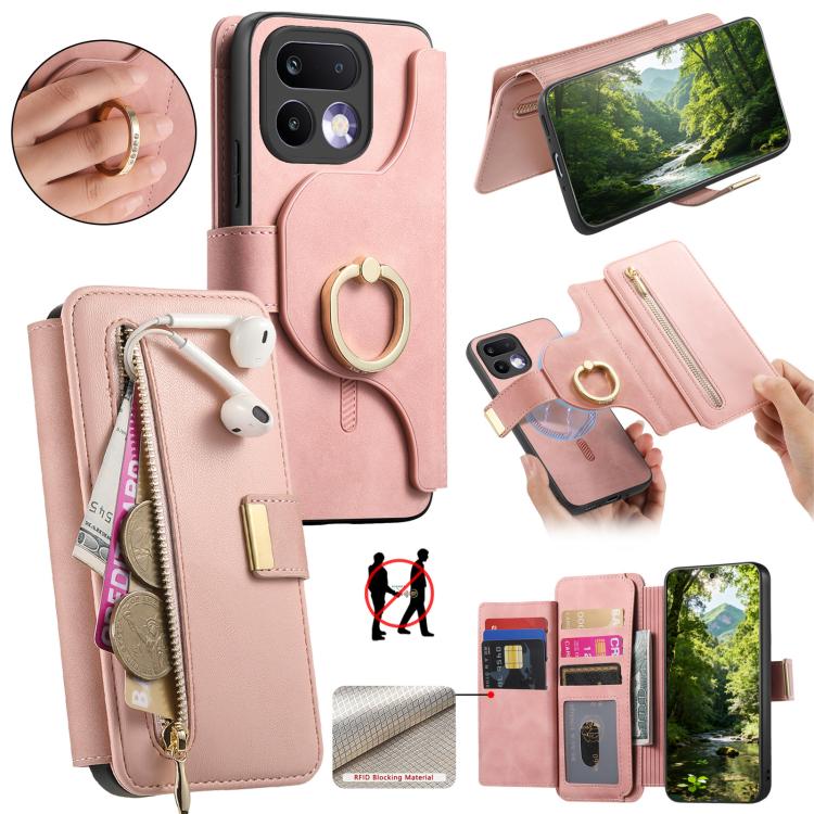 Ring Zipper Wallet RFID Blocking MagSafe Leather Phone Case, For Realme 16 Pro+ 5G, For Realme 16 Pro 5G, For Realme 15T 5G, For Realme GT 7 Pro 5G, For Realme 13 4G / 12 4G / 12+ / P1 5G, For Realme 13 Pro / 12 Pro / P1 Pro 5G