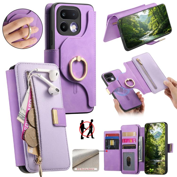 Ring Zipper Wallet RFID Blocking MagSafe Leather Phone Case, For Realme 16 Pro+ 5G, For Realme 16 Pro 5G, For Realme 15T 5G, For Realme GT 7 Pro 5G, For Realme 13 4G / 12 4G / 12+ / P1 5G, For Realme 13 Pro / 12 Pro / P1 Pro 5G