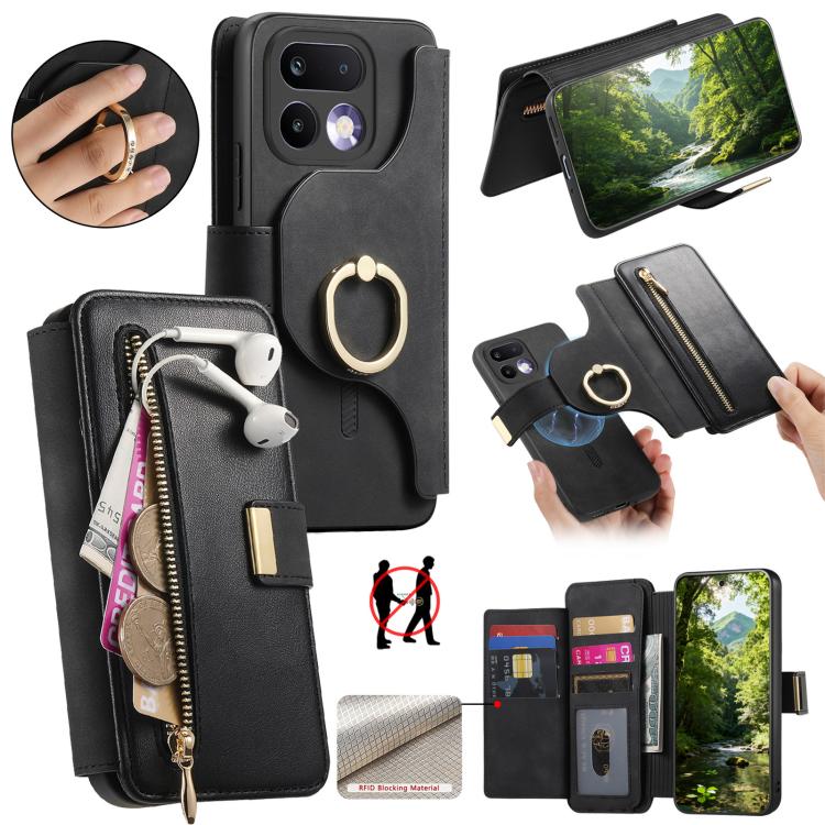 Ring Zipper Wallet RFID Blocking MagSafe Leather Phone Case, For Realme 16 Pro+ 5G, For Realme 16 Pro 5G, For Realme 15T 5G, For Realme GT 7 Pro 5G, For Realme 13 4G / 12 4G / 12+ / P1 5G, For Realme 13 Pro / 12 Pro / P1 Pro 5G