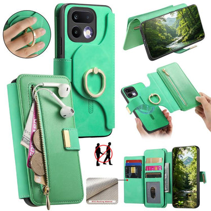 Ring Zipper Wallet RFID Blocking MagSafe Leather Phone Case, For Realme 16 Pro+ 5G, For Realme 16 Pro 5G, For Realme 15T 5G, For Realme GT 7 Pro 5G, For Realme 13 4G / 12 4G / 12+ / P1 5G, For Realme 13 Pro / 12 Pro / P1 Pro 5G
