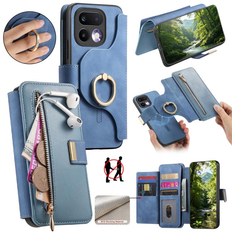 Ring Zipper Wallet RFID Blocking MagSafe Leather Phone Case, For Realme 16 Pro+ 5G, For Realme 16 Pro 5G, For Realme 15T 5G, For Realme GT 7 Pro 5G, For Realme 13 4G / 12 4G / 12+ / P1 5G, For Realme 13 Pro / 12 Pro / P1 Pro 5G