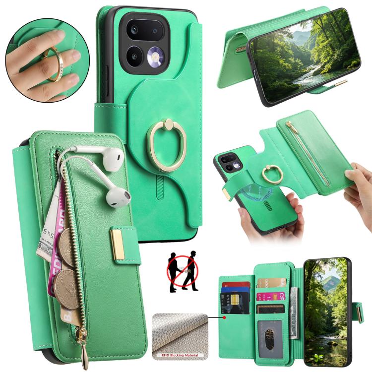 Ring Zipper Wallet RFID Blocking MagSafe Leather Phone Case, For Realme 16 Pro+ 5G, For Realme 16 Pro 5G, For Realme 15T 5G, For Realme GT 7 Pro 5G, For Realme 13 4G / 12 4G / 12+ / P1 5G, For Realme 13 Pro / 12 Pro / P1 Pro 5G