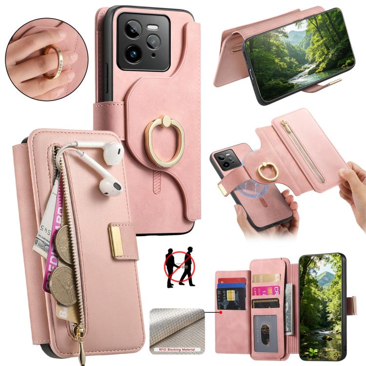 Ring Zipper Wallet RFID Blocking MagSafe Leather Phone Case, For Realme 16 Pro+ 5G, For Realme 16 Pro 5G, For Realme 15T 5G, For Realme GT 7 Pro 5G, For Realme 13 4G / 12 4G / 12+ / P1 5G, For Realme 13 Pro / 12 Pro / P1 Pro 5G