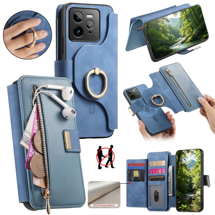 Ring Zipper Wallet RFID Blocking MagSafe Leather Phone Case, For Realme 16 Pro+ 5G, For Realme 16 Pro 5G, For Realme 15T 5G, For Realme GT 7 Pro 5G, For Realme 13 4G / 12 4G / 12+ / P1 5G, For Realme 13 Pro / 12 Pro / P1 Pro 5G