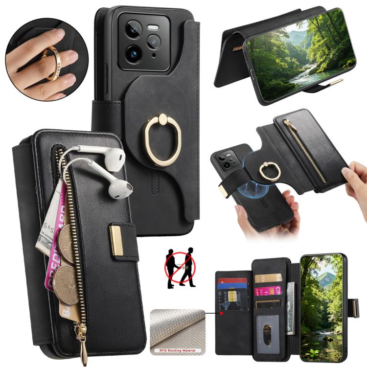 Ring Zipper Wallet RFID Blocking MagSafe Leather Phone Case, For Realme 16 Pro+ 5G, For Realme 16 Pro 5G, For Realme 15T 5G, For Realme GT 7 Pro 5G, For Realme 13 4G / 12 4G / 12+ / P1 5G, For Realme 13 Pro / 12 Pro / P1 Pro 5G