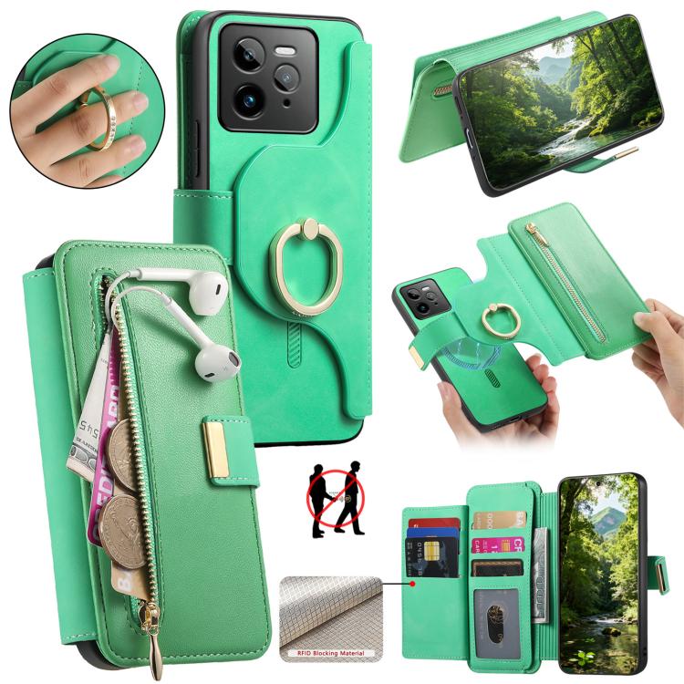 Ring Zipper Wallet RFID Blocking MagSafe Leather Phone Case, For Realme 16 Pro+ 5G, For Realme 16 Pro 5G, For Realme 15T 5G, For Realme GT 7 Pro 5G, For Realme 13 4G / 12 4G / 12+ / P1 5G, For Realme 13 Pro / 12 Pro / P1 Pro 5G
