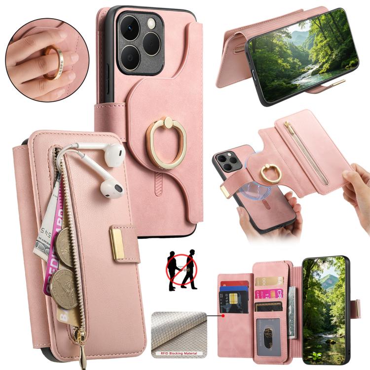 Ring Zipper Wallet RFID Blocking MagSafe Leather Phone Case, For Realme 16 Pro+ 5G, For Realme 16 Pro 5G, For Realme 15T 5G, For Realme GT 7 Pro 5G, For Realme 13 4G / 12 4G / 12+ / P1 5G, For Realme 13 Pro / 12 Pro / P1 Pro 5G