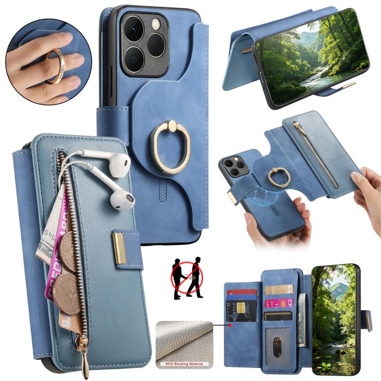 Ring Zipper Wallet RFID Blocking MagSafe Leather Phone Case, For Realme 16 Pro+ 5G, For Realme 16 Pro 5G, For Realme 15T 5G, For Realme GT 7 Pro 5G, For Realme 13 4G / 12 4G / 12+ / P1 5G, For Realme 13 Pro / 12 Pro / P1 Pro 5G