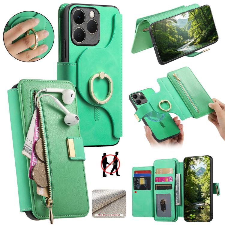 Ring Zipper Wallet RFID Blocking MagSafe Leather Phone Case, For Realme 16 Pro+ 5G, For Realme 16 Pro 5G, For Realme 15T 5G, For Realme GT 7 Pro 5G, For Realme 13 4G / 12 4G / 12+ / P1 5G, For Realme 13 Pro / 12 Pro / P1 Pro 5G