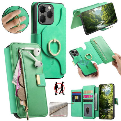 Ring Zipper Wallet RFID Blocking MagSafe Leather Phone Case, For Realme 16 Pro+ 5G, For Realme 16 Pro 5G, For Realme 15T 5G, For Realme GT 7 Pro 5G, For Realme 13 4G / 12 4G / 12+ / P1 5G, For Realme 13 Pro / 12 Pro / P1 Pro 5G