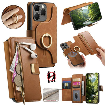 Ring Zipper Wallet RFID Blocking MagSafe Leather Phone Case, For Realme 16 Pro+ 5G, For Realme 16 Pro 5G, For Realme 15T 5G, For Realme GT 7 Pro 5G, For Realme 13 4G / 12 4G / 12+ / P1 5G, For Realme 13 Pro / 12 Pro / P1 Pro 5G