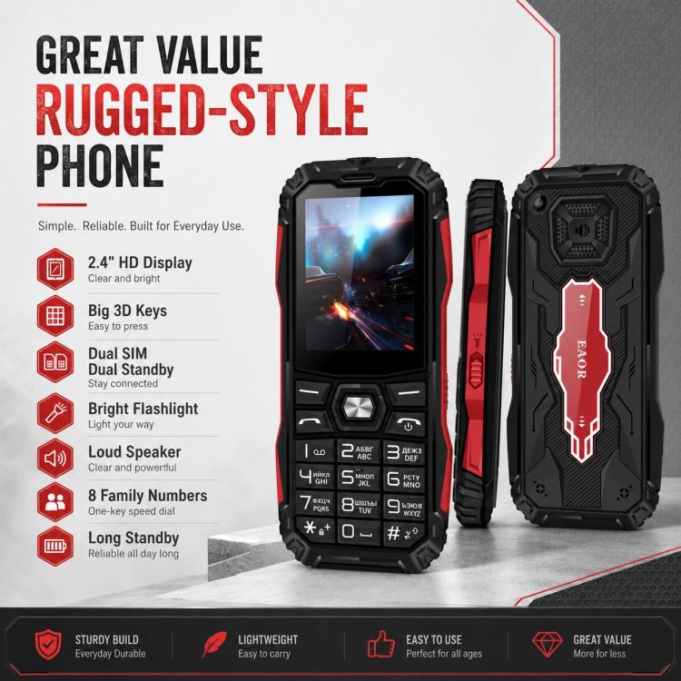 HE248 Rugged Style Phone, 2.4 inch, 3D Keys Network: 2G, Dual SIM, BT, Torch, Russian Keyboard, EU Plug, US Plug, UK Plug