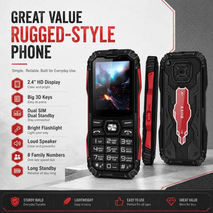 HE248 Rugged Style Phone, 2.4 inch, 3D Keys Network: 2G, Dual SIM, BT, Torch, Russian Keyboard, EU Plug, US Plug, UK Plug