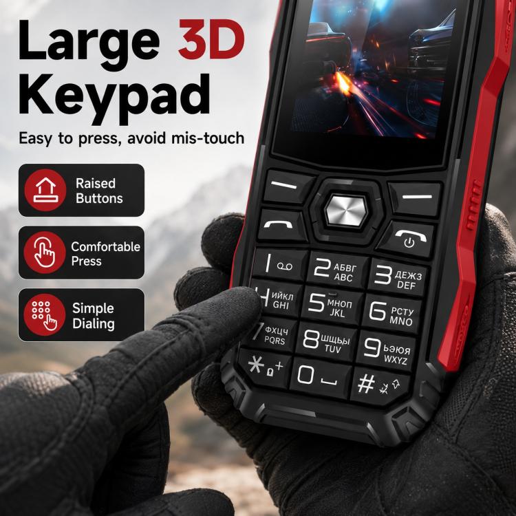 HE248 Rugged Style Phone, 2.4 inch, 3D Keys Network: 2G, Dual SIM, BT, Torch, Russian Keyboard, EU Plug, US Plug, UK Plug