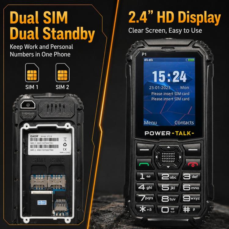 Téléphone robuste HP219 IP68, 2,4 pouces, SC6531E, Réseau : 2G, BT, FM, SOS, Lampe de poche, prise EU, prise US, prise UK