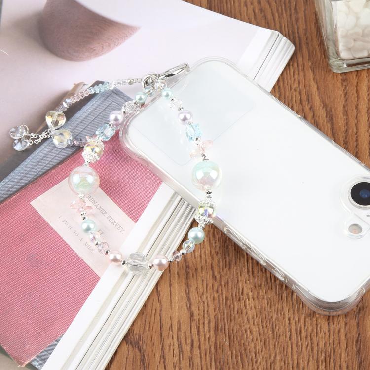 Gradient Heart Beaded Phone Charm Wrist Strap with Tether Pad for Women Girls