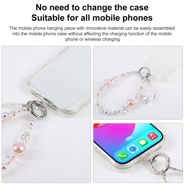 Gradient Heart Beaded Phone Charm Wrist Strap with Tether Pad for Women Girls