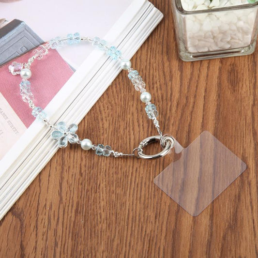 Flower Beaded Phone Charm Wrist Strap with Tether Pad for Women Girls