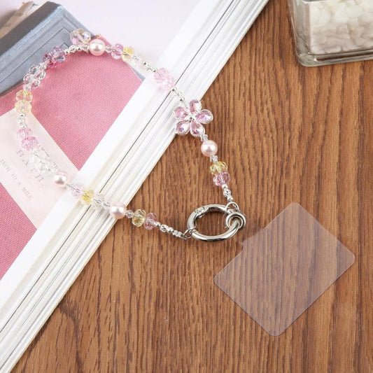 Flower Beaded Phone Charm Wrist Strap with Tether Pad for Women Girls