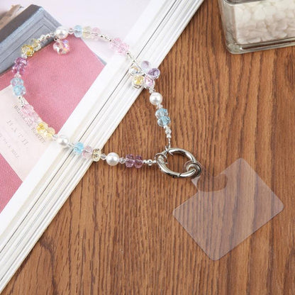 Flower Beaded Phone Charm Wrist Strap with Tether Pad for Women Girls