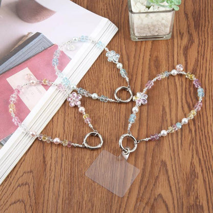 Flower Beaded Phone Charm Wrist Strap with Tether Pad for Women Girls