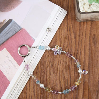 Flower Beaded Phone Charm Wrist Strap with Tether Pad for Women Girls