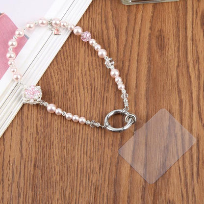 Zircon Pearl Flower Beaded Phone Wrist Strap with Tether Pad for Women Girls
