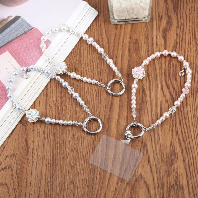 Zircon Pearl Flower Beaded Phone Wrist Strap with Tether Pad for Women Girls