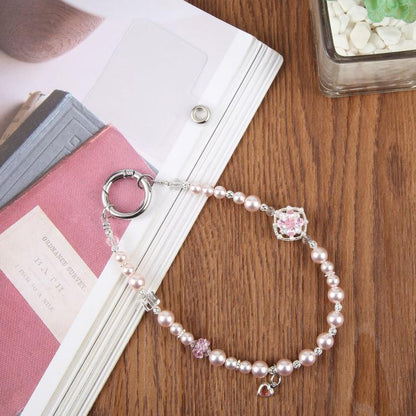 Zircon Pearl Flower Beaded Phone Wrist Strap with Tether Pad for Women Girls