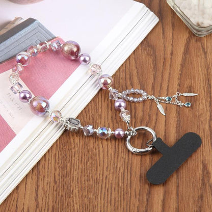 Feather Tassel Beaded Phone Charm Wrist Strap with Tether Pad for Women Girls