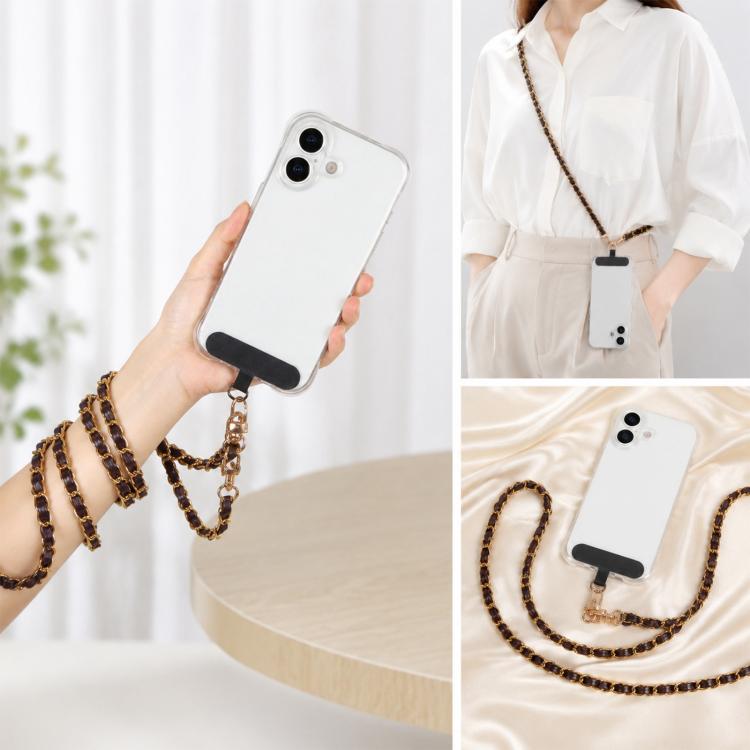 Adjustable Crossbody Phone Lanyard Faux Leather Metal Chain with Tether Pad, 120cm