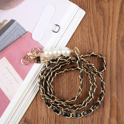 Adjustable Crossbody Phone Lanyard Faux Leather Metal Beads Chain with Tether Pad, 120cm