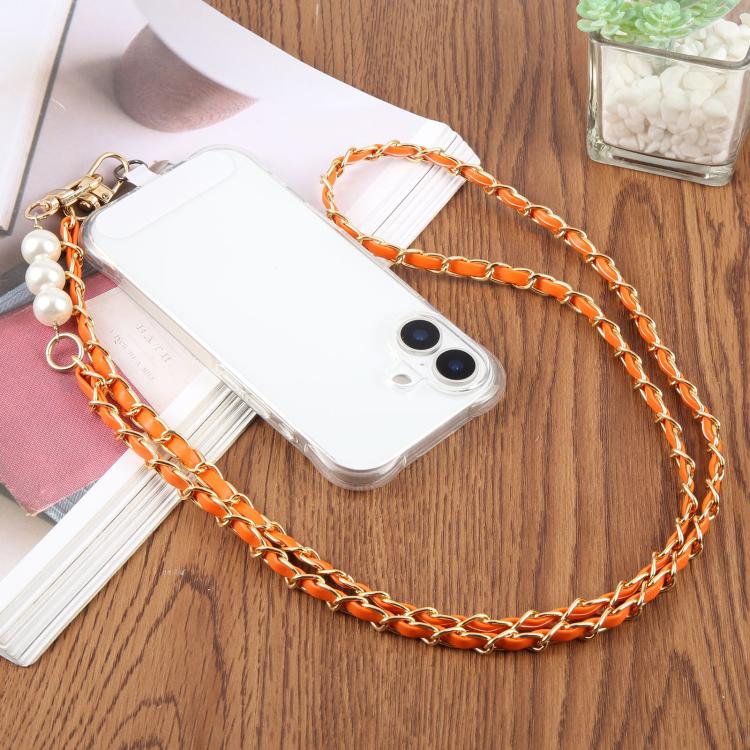 Adjustable Crossbody Phone Lanyard Faux Leather Metal Beads Chain with Tether Pad, 120cm