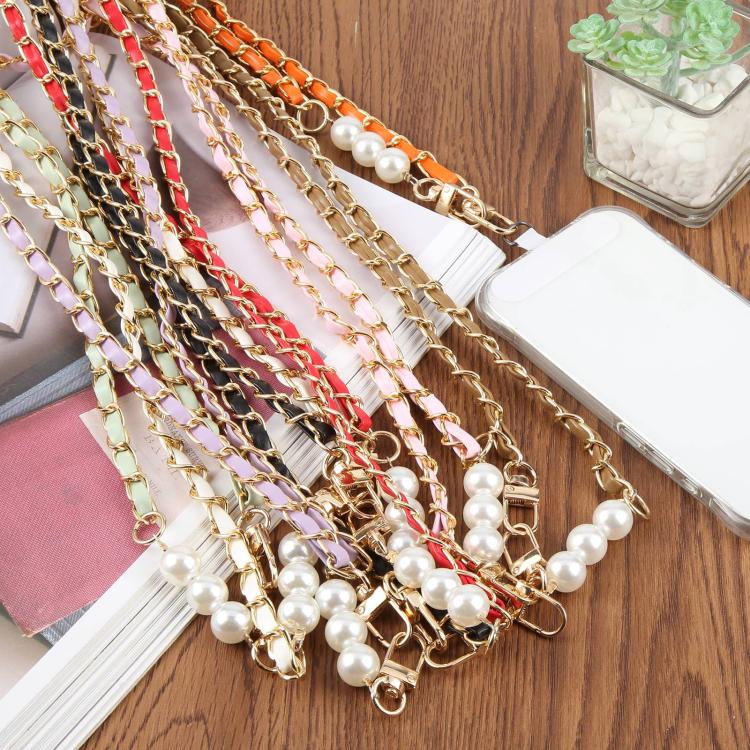 Adjustable Crossbody Phone Lanyard Faux Leather Metal Beads Chain with Tether Pad, 120cm