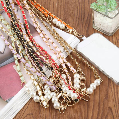Adjustable Crossbody Phone Lanyard Faux Leather Metal Beads Chain with Tether Pad, 120cm