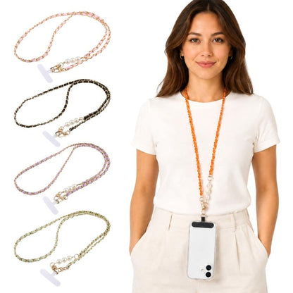Adjustable Crossbody Phone Lanyard Faux Leather Metal Beads Chain with Tether Pad, 120cm
