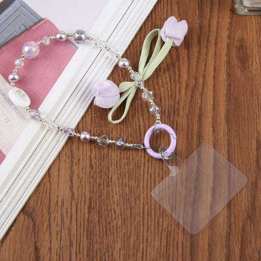 Tulip Flower Beaded Phone Charm Wrist Strap with Tether Pad for Women Girls