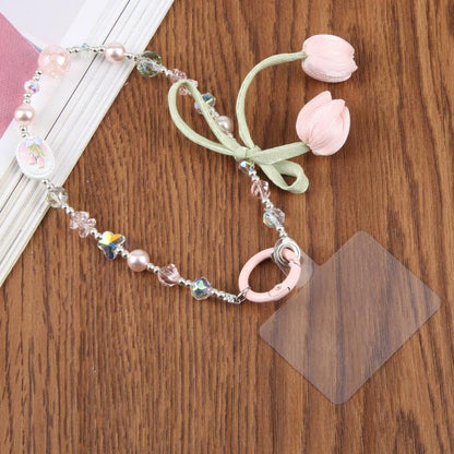 Tulip Flower Beaded Phone Charm Wrist Strap with Tether Pad for Women Girls