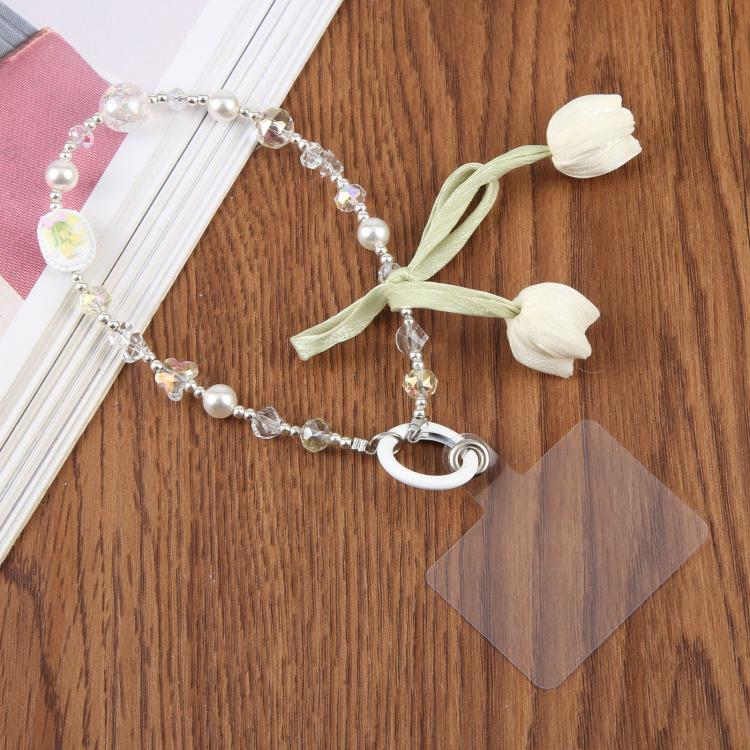 Tulip Flower Beaded Phone Charm Wrist Strap with Tether Pad for Women Girls