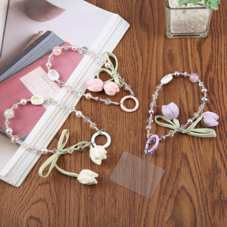 Tulip Flower Beaded Phone Charm Wrist Strap with Tether Pad for Women Girls