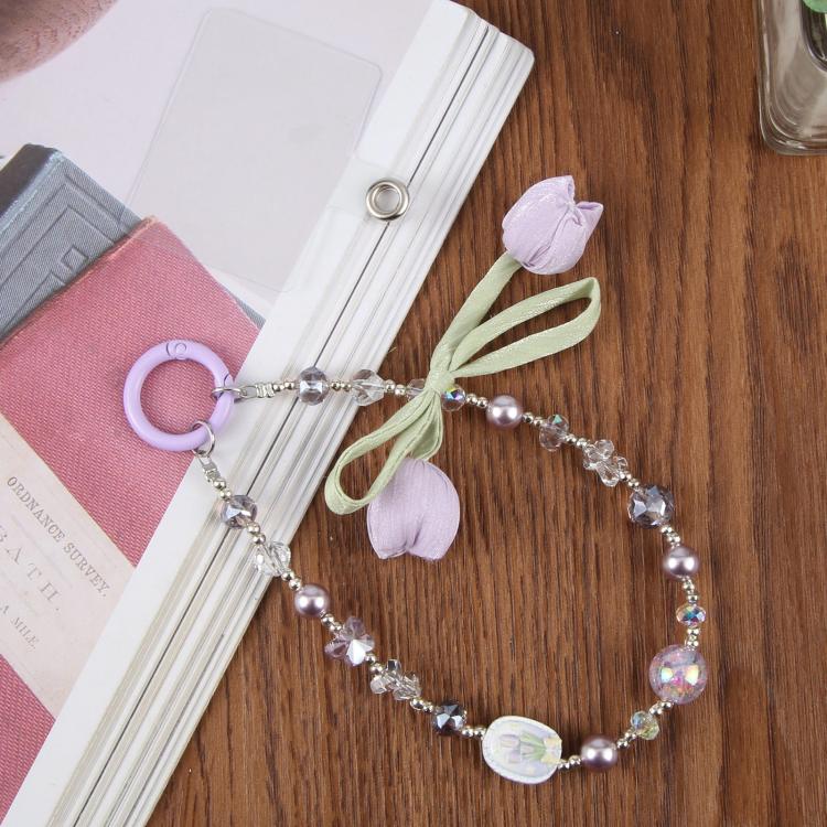 Tulip Flower Beaded Phone Charm Wrist Strap with Tether Pad for Women Girls