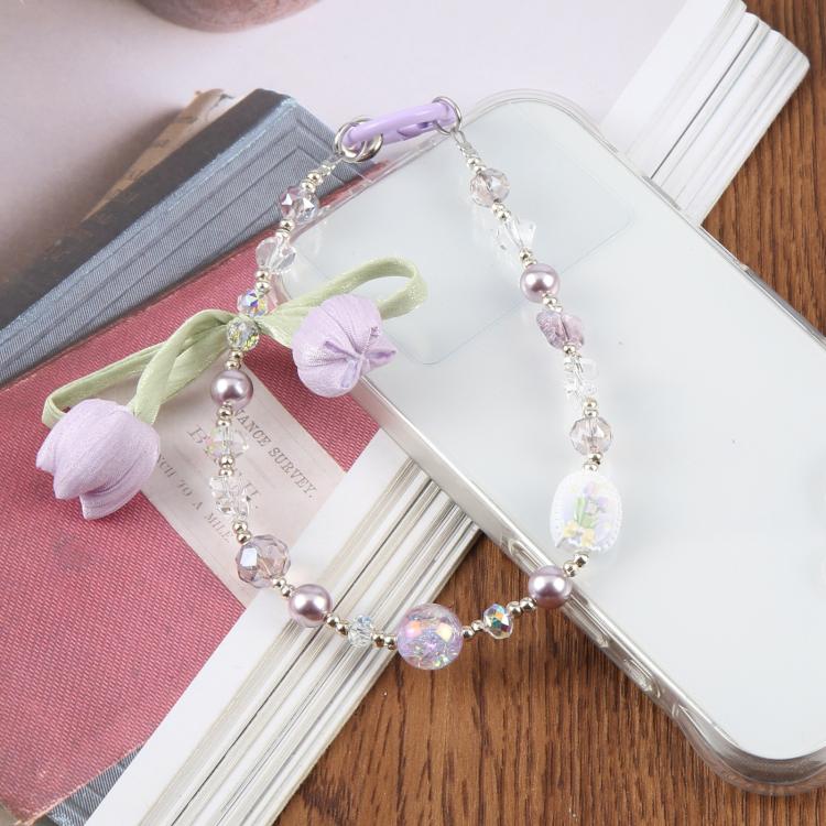 Tulip Flower Beaded Phone Charm Wrist Strap with Tether Pad for Women Girls