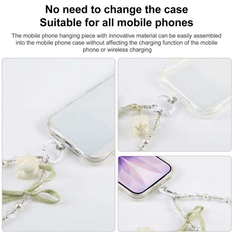 Tulip Flower Beaded Phone Charm Wrist Strap with Tether Pad for Women Girls