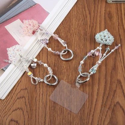 Braided Heart Beaded Phone Charm Wrist Strap with Tether Pad for Women Girls