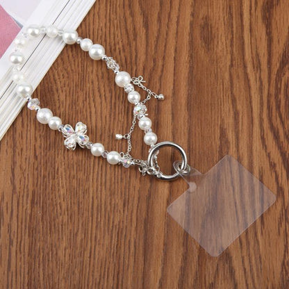 Four-Leaf Clover Tassel Beaded Phone Charm Wrist Strap with Tether Pad for Women Girls