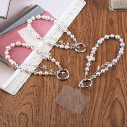 Four-Leaf Clover Tassel Beaded Phone Charm Wrist Strap with Tether Pad for Women Girls