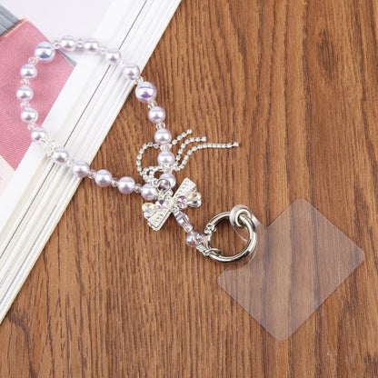 Bow Tassel Beaded Phone Charm Wrist Strap with Tether Pad for Women Girls